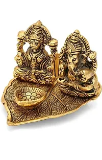 Haridwar divine Lakshmi Ganesh Idols On Leaf with Diya Made of Metal Laxmi Ganesha Oil Lamp Statue Traditional Figurine for Home Office Temple Puja Decoration Diwali-thumb1