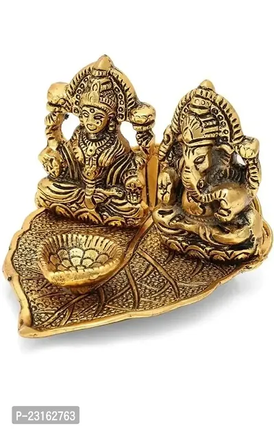 Haridwar divine Lakshmi Ganesh Idols On Leaf with Diya Made of Metal Laxmi Ganesha Oil Lamp Statue Traditional Figurine for Home Office Temple Puja Decoration Diwali-thumb2