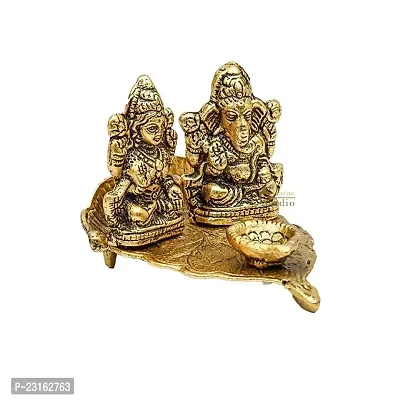Haridwar divine Lakshmi Ganesh Idols On Leaf with Diya Made of Metal Laxmi Ganesha Oil Lamp Statue Traditional Figurine for Home Office Temple Puja Decoration Diwali-thumb3