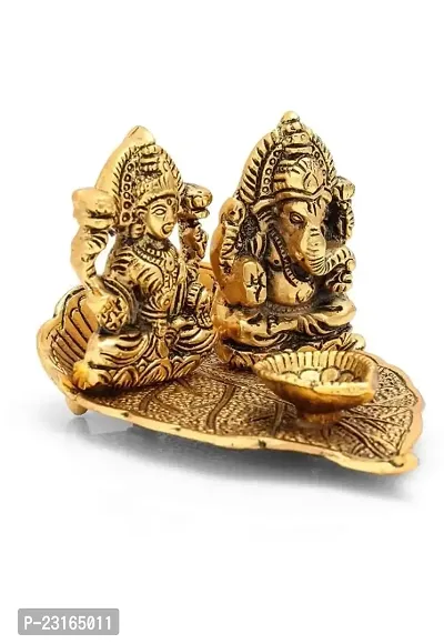 Haridwar divine lakshmi ganesh sitting on a leaf gold plated diwali worship-thumb3