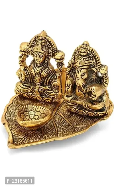 Haridwar divine lakshmi ganesh sitting on a leaf gold plated diwali worship-thumb4