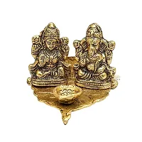 Haridwar divine  Golden Polished Laxmi Ganesh on Leaf with diya-thumb2