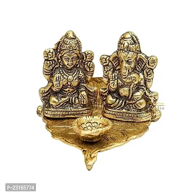 Haridwar divine  Golden Polished Laxmi Ganesh on Leaf with diya-thumb3