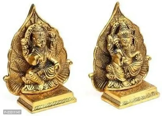 Haridwar Divine  Metal Laxmi Ganesh Idol on Leaf Singhasan - Gold Plated Lakshmi Ganesha Set Statue-thumb0