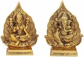 Haridwar Divine  Metal Laxmi Ganesh Idol on Leaf Singhasan - Gold Plated Lakshmi Ganesha Set Statue-thumb1