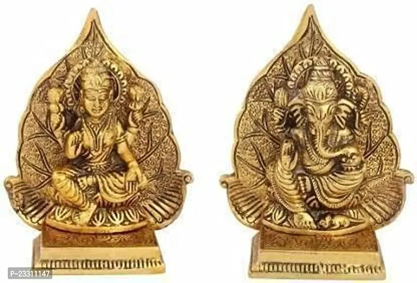 Haridwar Divine  Metal Laxmi Ganesh Idol on Leaf Singhasan - Gold Plated Lakshmi Ganesha Set Statue-thumb2