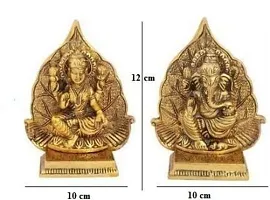 Haridwar Divine  Metal Laxmi Ganesh Idol on Leaf Singhasan - Gold Plated Lakshmi Ganesha Set Statue-thumb2
