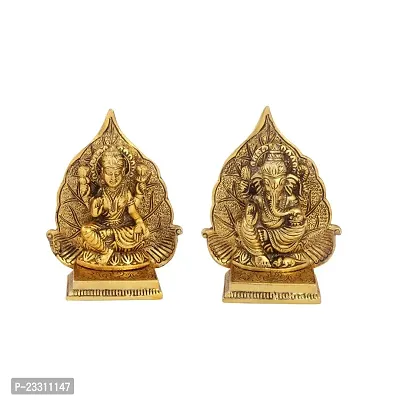 Haridwar Divine  Metal Laxmi Ganesh Idol on Leaf Singhasan - Gold Plated Lakshmi Ganesha Set Statue-thumb4