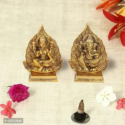 Haridwar Divine presents Metal Laxmi Ganesh Idol on Leaf Singhasan - Gold Plated Lakshmi Ganesha Set Statue Antique Laxmi Ganesh