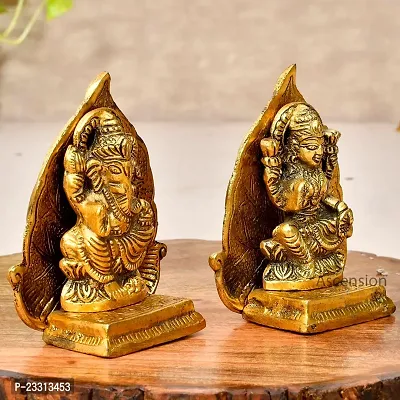 Haridwar Divine Antique Gold Plated Metal Lakshmi Ganesh Pair with Leaf Background-thumb2