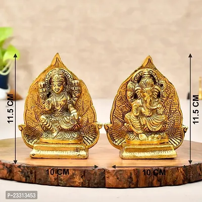 Haridwar Divine Antique Gold Plated Metal Lakshmi Ganesh Pair with Leaf Background-thumb4