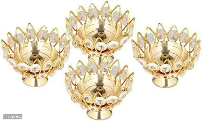 Haridwar Divine Diwali Diya Crystal Round Akhand Diya for Puja Brass Small Kamal Deep Jyoti Oil Lamp for Home Temple Pooja ( Pack of 4 )-thumb0