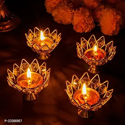 Haridwar Divine Diwali Diya Crystal Round Akhand Diya for Puja Brass Small Kamal Deep Jyoti Oil Lamp for Home Temple Pooja ( Pack of 4 )-thumb2