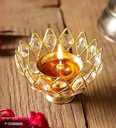 Haridwar Divine Crystal Diya for puja Decorative Brass Crystal Oil lamp Lotus Rose Flower Shaped (Set of 16 Lotus Flower Design )-thumb3