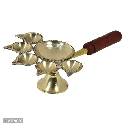 Haridwar Divine  Brass Pancharti Wooden Handle Diya Oil Lamp Pach Aarti Deepak with Wooden Handle Diya Stand for Temple, Mandir Pooja