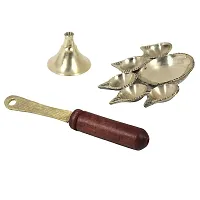 Haridwar Divine  Brass Pancharti Wooden Handle Diya Oil Lamp Pach Aarti Deepak with Wooden Handle Diya Stand for Temple, Mandir Pooja-thumb1