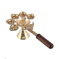 Haridwar Divine  Brass Pancharti Wooden Handle Diya Oil Lamp Pach Aarti Deepak with Wooden Handle Diya Stand for Temple, Mandir Pooja-thumb2