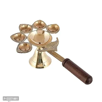 Haridwar Divine  Brass Pancharti Diya Oil Lamp Aarti Deepak with Wooden Handle Dia Aarti for Temple Pooja-thumb0