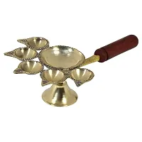 Haridwar Divine  Brass Pancharti Diya Oil Lamp Aarti Deepak with Wooden Handle Dia Aarti for Temple Pooja-thumb1