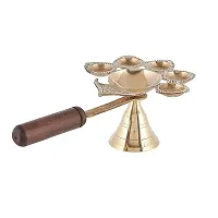 Haridwar Divine  Brass Pancharti Diya Oil Lamp Aarti Deepak with Wooden Handle Dia Aarti for Temple Pooja-thumb3