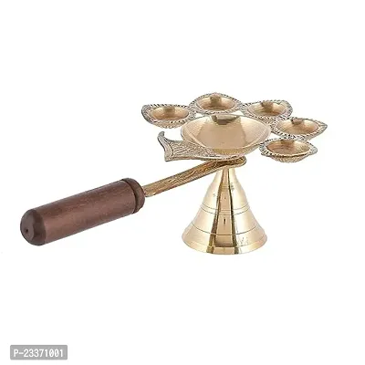 Haridwar Divine  Brass Pancharti Diya Oil Lamp Aarti Deepak with Wooden Handle Dia Aarti for Temple Pooja-thumb4