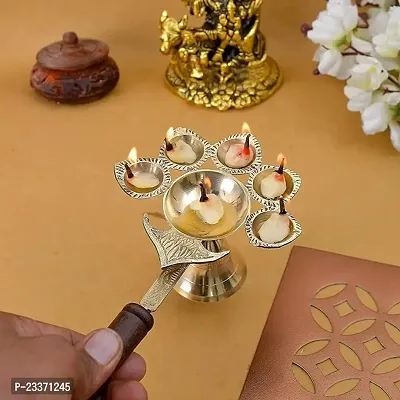 Haridwar Divine Brass Pancharti Diya Oil Lamp Pach Aarti Deepak with Wooden Handle Dia Stand for Temple Diwali Pooja