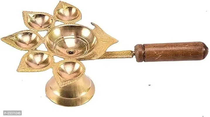 Haridwar Divine Brass Pancharti Diya Oil Lamp Pach Aarti Deepak with Wooden Handle Dia Stand for Temple Diwali Pooja-thumb2