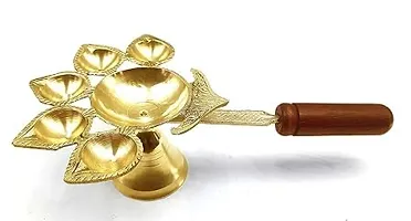Haridwar Divine Wooden Handle PanchAarti Brass Diya Oil Lamp Jyoti Puja - Panch Arti Diya for Diwali Pooja - Diya for Puja and Festival Decoration - Diwali Decoration Items for Home-thumb1