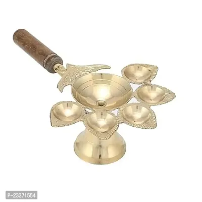 Haridwar Divine Wooden Handle PanchAarti Brass Diya Oil Lamp Jyoti Puja - Panch Arti Diya for Diwali Pooja - Diya for Puja and Festival Decoration - Diwali Decoration Items for Home-thumb4