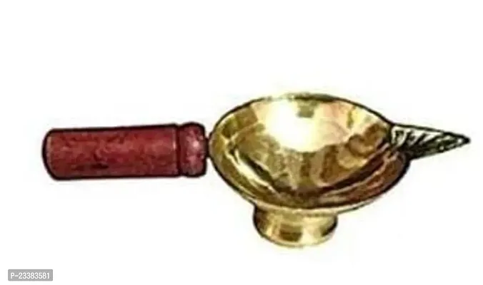 Haridwar Divine  Pure Brass Dhoop Diya Medium Size Dhoop Dani Kapoor Aarti Lamp/Dhoop Stand with Wooden Handle(Golden)-thumb0