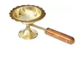 Haridwar Divine  Pure Brass Dhoop Diya Medium Size Dhoop Dani Kapoor Aarti Lamp/Dhoop Stand with Wooden Handle(Golden)-thumb2