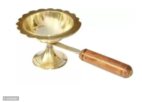 Haridwar Divine  Pure Brass Dhoop Diya Medium Size Dhoop Dani Kapoor Aarti Lamp/Dhoop Stand with Wooden Handle(Golden)-thumb3