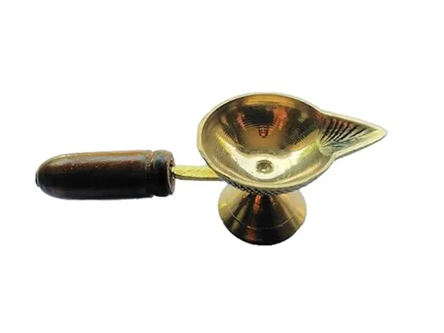 BANSIGOODS Brass Table Diya | Oil/Ghee Lamp | Puja Diya with Long Wooden Handle for Grip and Safety Brass Table Diya (Height: 2.5 inch)