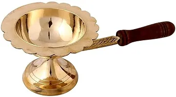 Haridwar Divine Brass and Wooden Handle Pooja Dhoop Akhand Diya (Golden)-thumb1