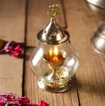 Haridwar Divine  Brass Diya Lamp with Glass Cover for Puja and Home Decor-thumb2
