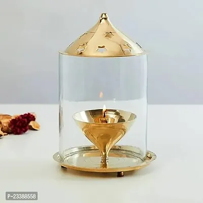 Haridwar Divine Akhand Diya Decorative Brass  Glass Oil Lamp Tea Light Holder Lantern , Cylinder Shaped Diya Lantern
