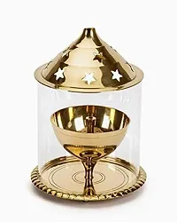 Haridwar Divine Akhand Diya Decorative Brass  Glass Oil Lamp Tea Light Holder Lantern , Cylinder Shaped Diya Lantern-thumb1