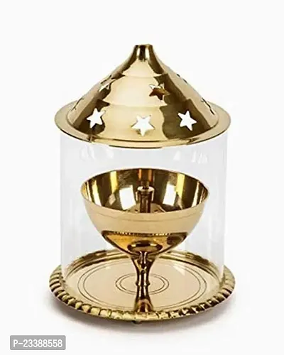 Haridwar Divine Akhand Diya Decorative Brass  Glass Oil Lamp Tea Light Holder Lantern , Cylinder Shaped Diya Lantern-thumb2
