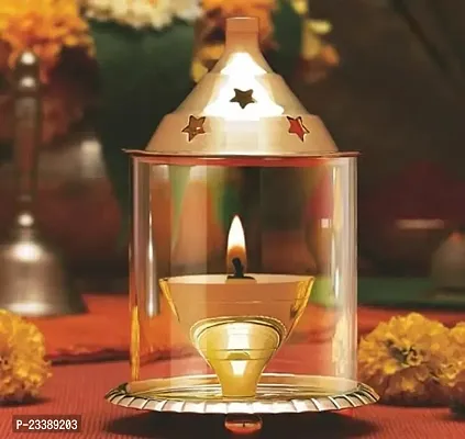 Haridwar Divine  Akhand Diya Decorative Brass  Glass Oil Lamp Tea Light Holder Lantern , Cylinder Shaped Diya Lantern-thumb2