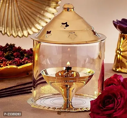 Haridwar Divine  Akhand Diya Decorative Brass  Glass Oil Lamp Tea Light Holder Lantern , Cylinder Shaped Diya Lantern-thumb4