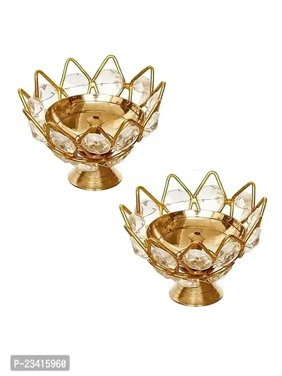 Haridwar Divine Brass Crystal Bowl Round Shape Akhand Kamal Diya || Crystal Brass Oil Diya Lamp Pooja Article Set Of 2-thumb0