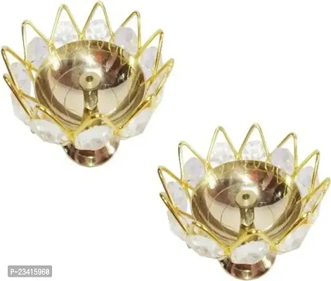 Haridwar Divine Brass Crystal Bowl Round Shape Akhand Kamal Diya || Crystal Brass Oil Diya Lamp Pooja Article Set Of 2-thumb2