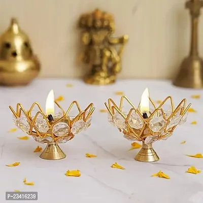 Haridwar Divine Diwali Diya Crystal Round Akhand Diya for Puja Brass Small Kamal Deep Jyoti Oil Lamp for Home Temple Pooja Decor Gifts Pack of 2