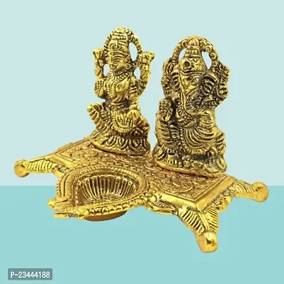 Haridwar Divine  Metal Laxmi Ganesh Idol Showpiece Oil Lamp Diya, 5.5 x 4.5, Golden