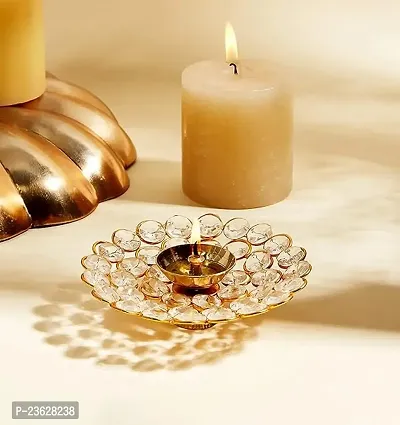 Haridwar Divine  Brass Akhand Diya with Crystal Beads - Traditional Handcrafted Puja Lamp  Gifting Item (Golden_5 inch)