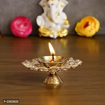 Haridwar Divine Small Crystal Akhand Diya Brass Oil Puja Lamp for Home Office Gifts Pooja Articles Decor (Golden, 3.5 X 1.5 Inch) (DFBS144-Small)