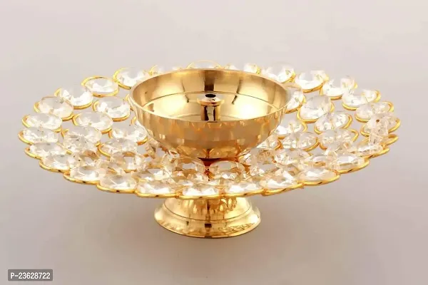 Haridwar Divine Brass Akhand Diya Oil Lamp for Puja - Large Round Crystal Deepak for Home Office Pooja Articles Decor-thumb2