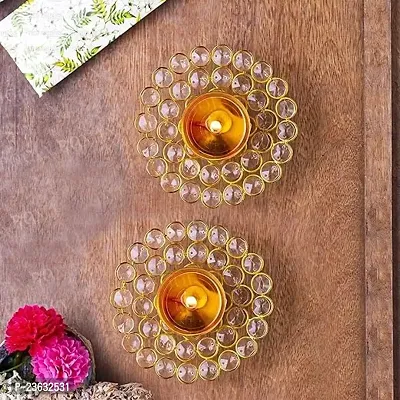 Haridwar Divine Brass Small Bowl Crystal Diya Round Shape Kamal Deep Akhand Jyoti Oil Lamp for Home Size Set of 2 pcs (Crystel Round Diya)