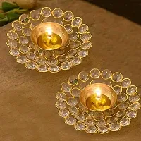 Haridwar Divine Brass Small Bowl Crystal Diya Round Shape Kamal Deep Akhand Jyoti Oil Lamp for Home Size Set of 2 pcs (Crystel Round Diya)-thumb1