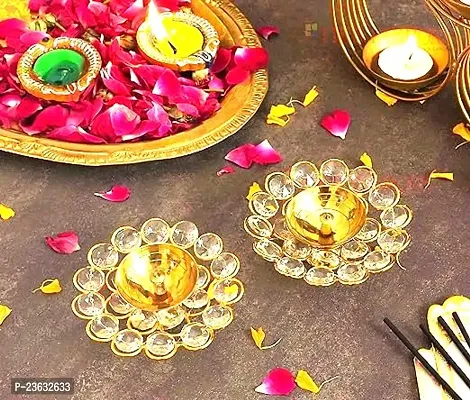 Haridwar Divine Brass Small Bowl Crystal Diya Round Shape Kamal Deep Akhand Jyoti Oil Lamp for Home Size Set of 2 pcs